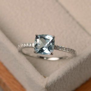 925 Silver Aquamarine Diamond Cushion Cut Ring